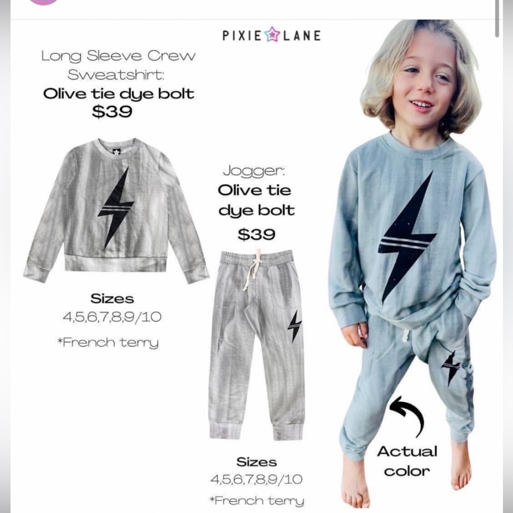 Pixie Lane Olive Tie Dye Bolt Sweatshirt and Sweatpants